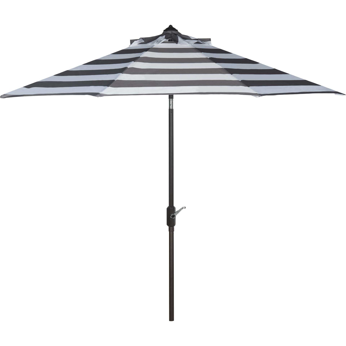 Soft gray-and-white stripes span a broad canopy with a slim hand-crank pole. || PAT8004D || front_open_studio