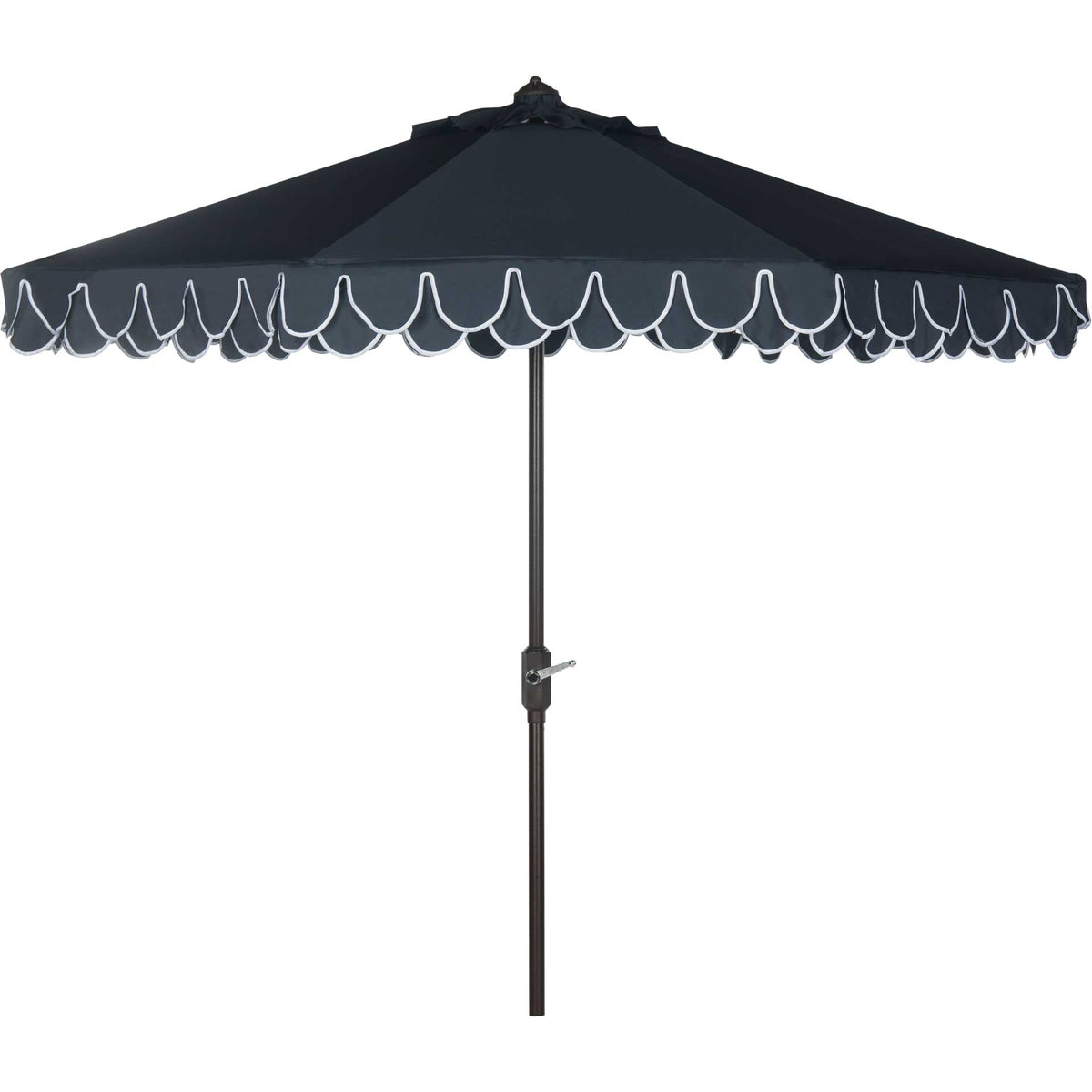 A deep navy canopy has crisp white-piped petal scallops above a slim crank-operated pole. || PAT8006A || front_open_studio