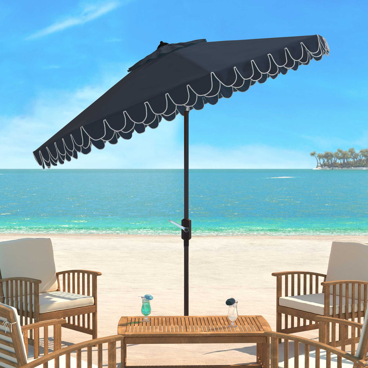 A navy canopy tilts above outdoor seating, its white-trimmed petal valance adding contrast.