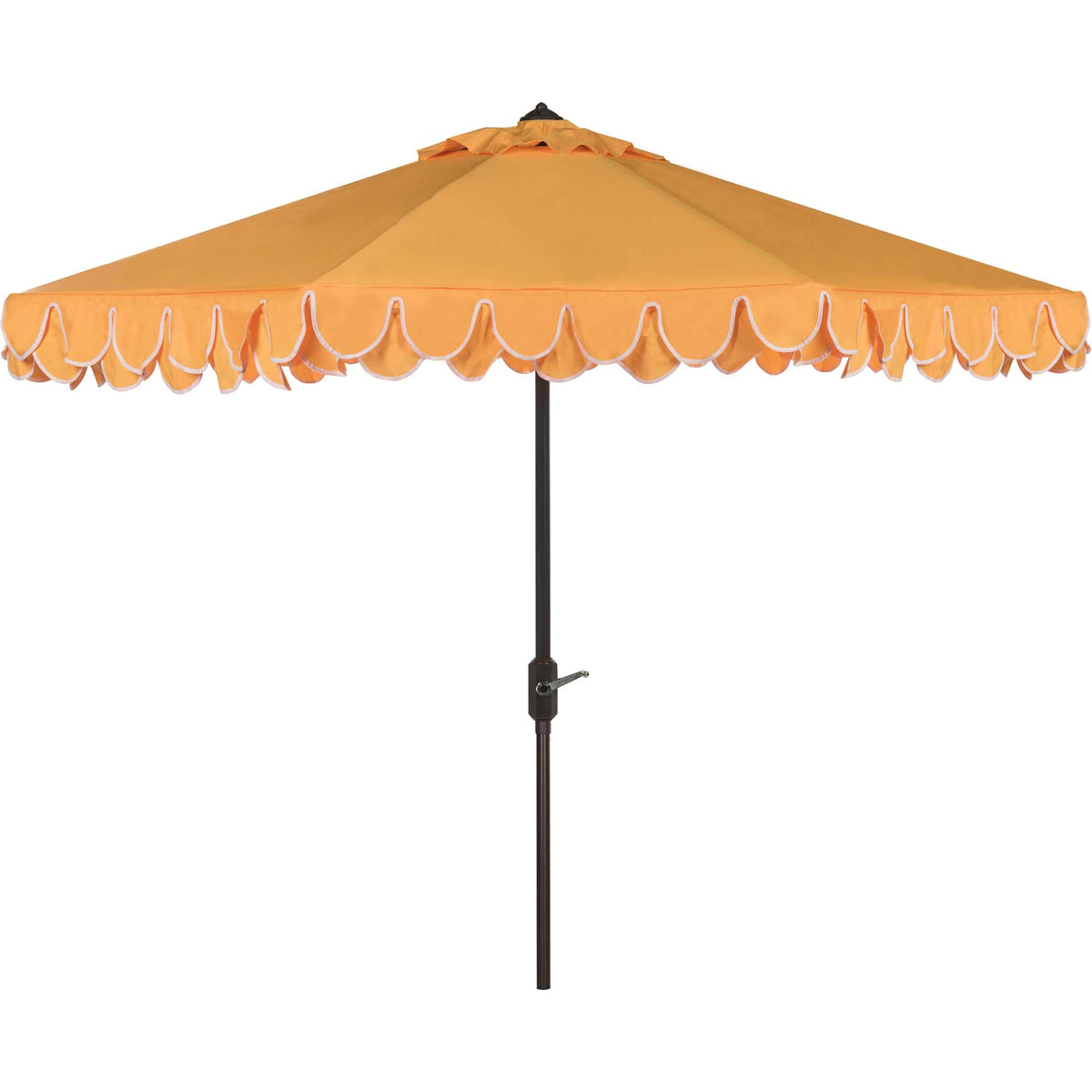 A golden-yellow canopy features white-trimmed petal scallops and a slender brown crank pole. || PAT8006B || front_open_studio