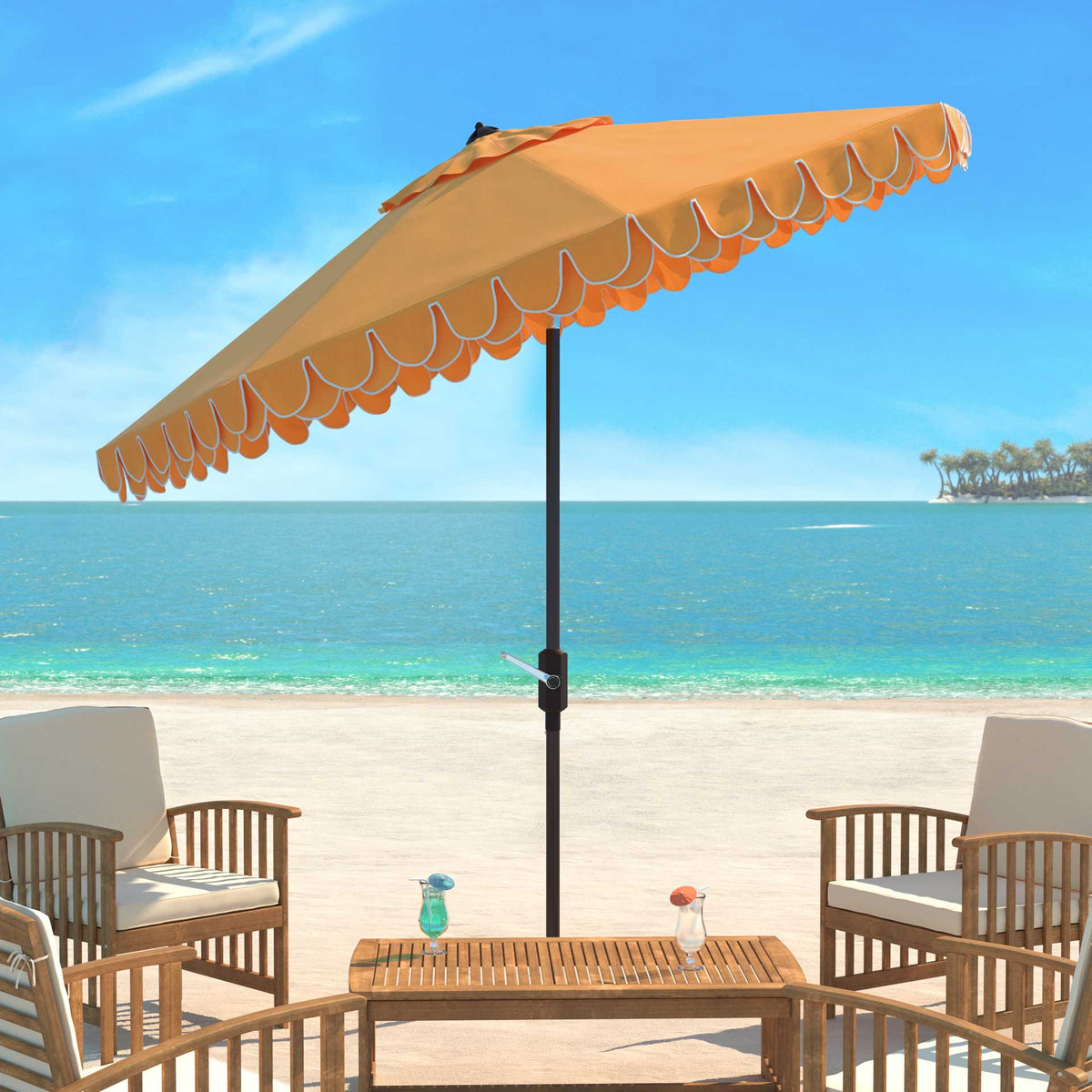 A tilted golden-yellow canopy shades patio seating with its white-edged scalloped valance.