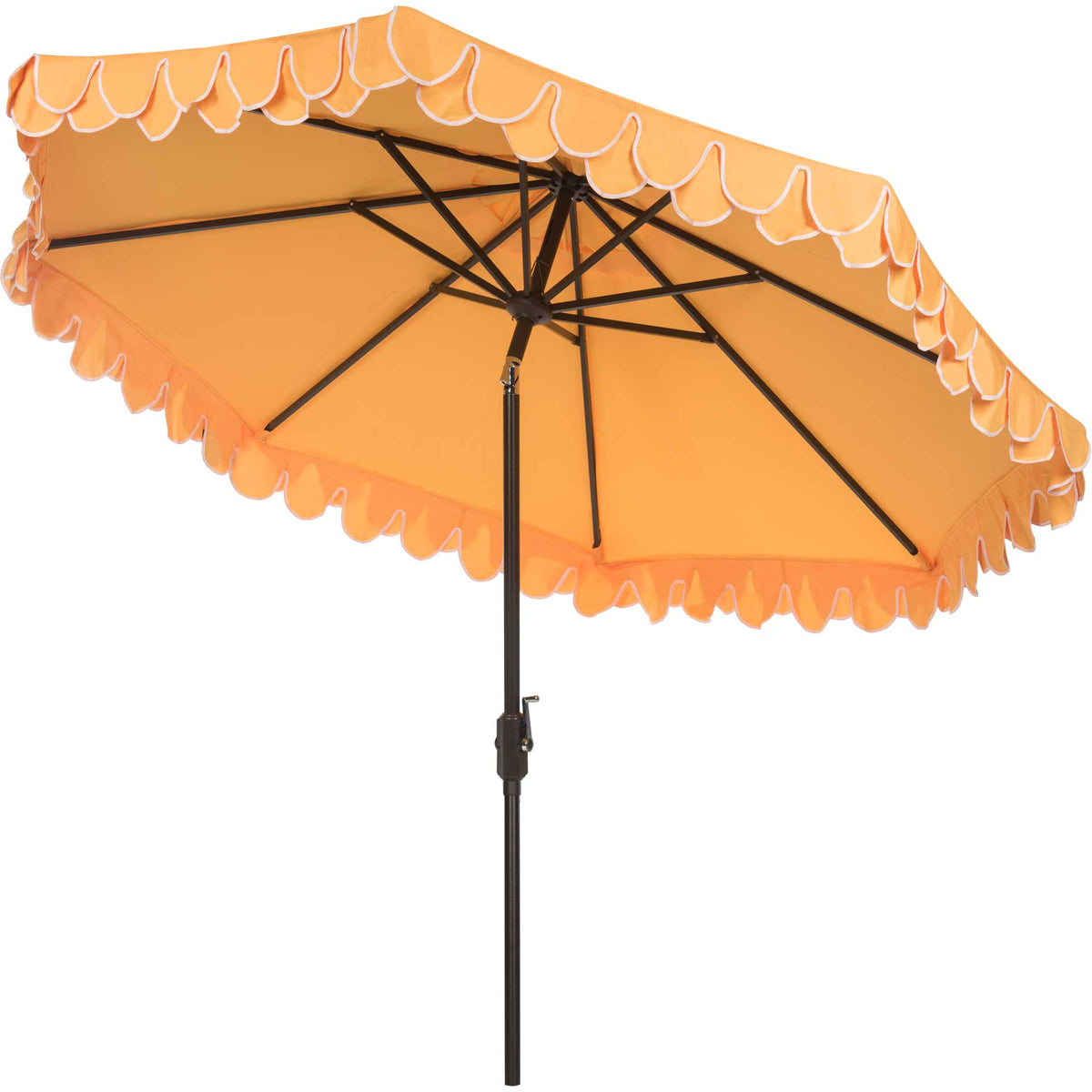 A warm yellow canopy tilts above brown metal ribs, with white piping around the scalloped hem. || PAT8006B || side_converted_studio
