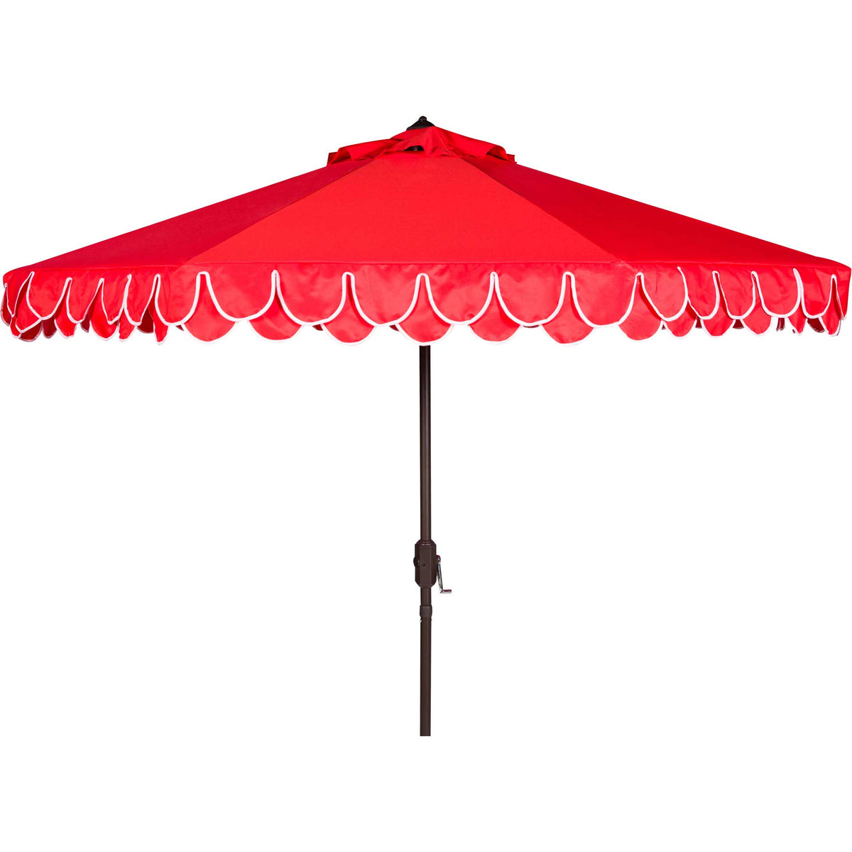 A bold red canopy features white-trimmed petal scallops above a slender brown metal crank pole. || PAT8006D || front_open_studio