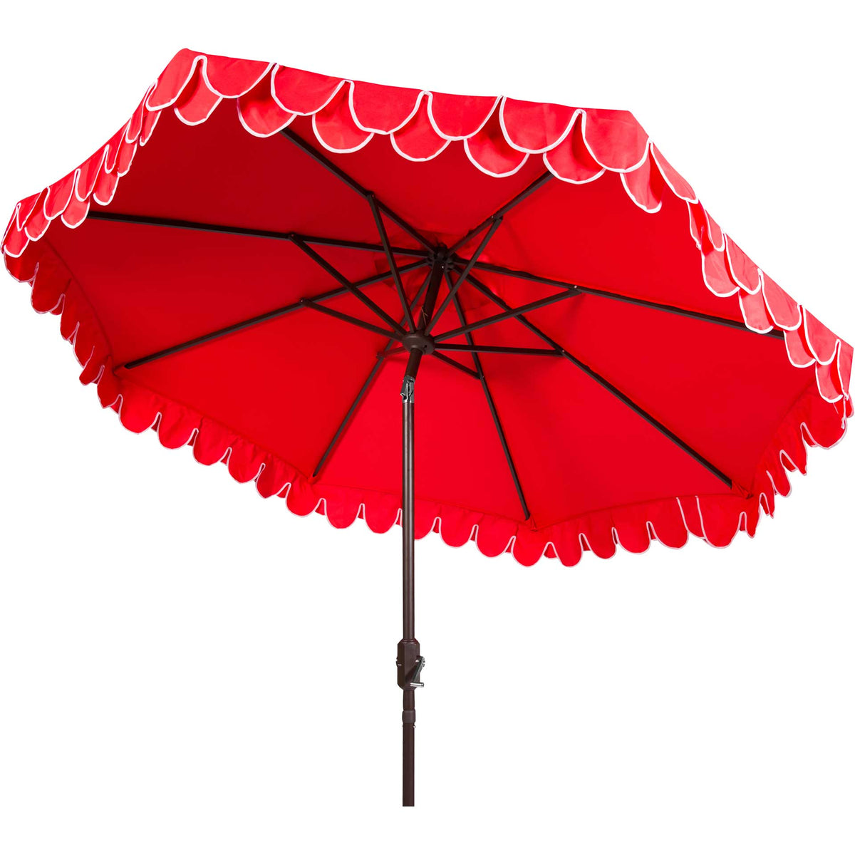 A vivid red canopy tilts over dark metal ribs, with white piping tracing its petal-shaped valance. || PAT8006D || side_converted_studio