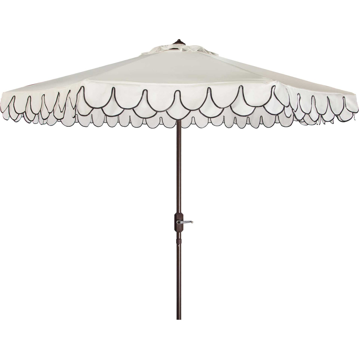 An ivory canopy pairs black-outlined scallops with a slim brown pole and hand crank. || PAT8006E || front_open_studio