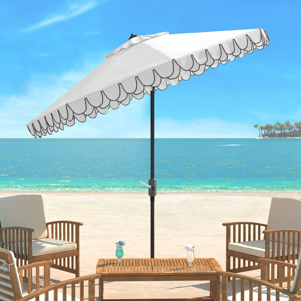 Black-edged scallops add contrast to an ivory canopy tilted over patio seating.