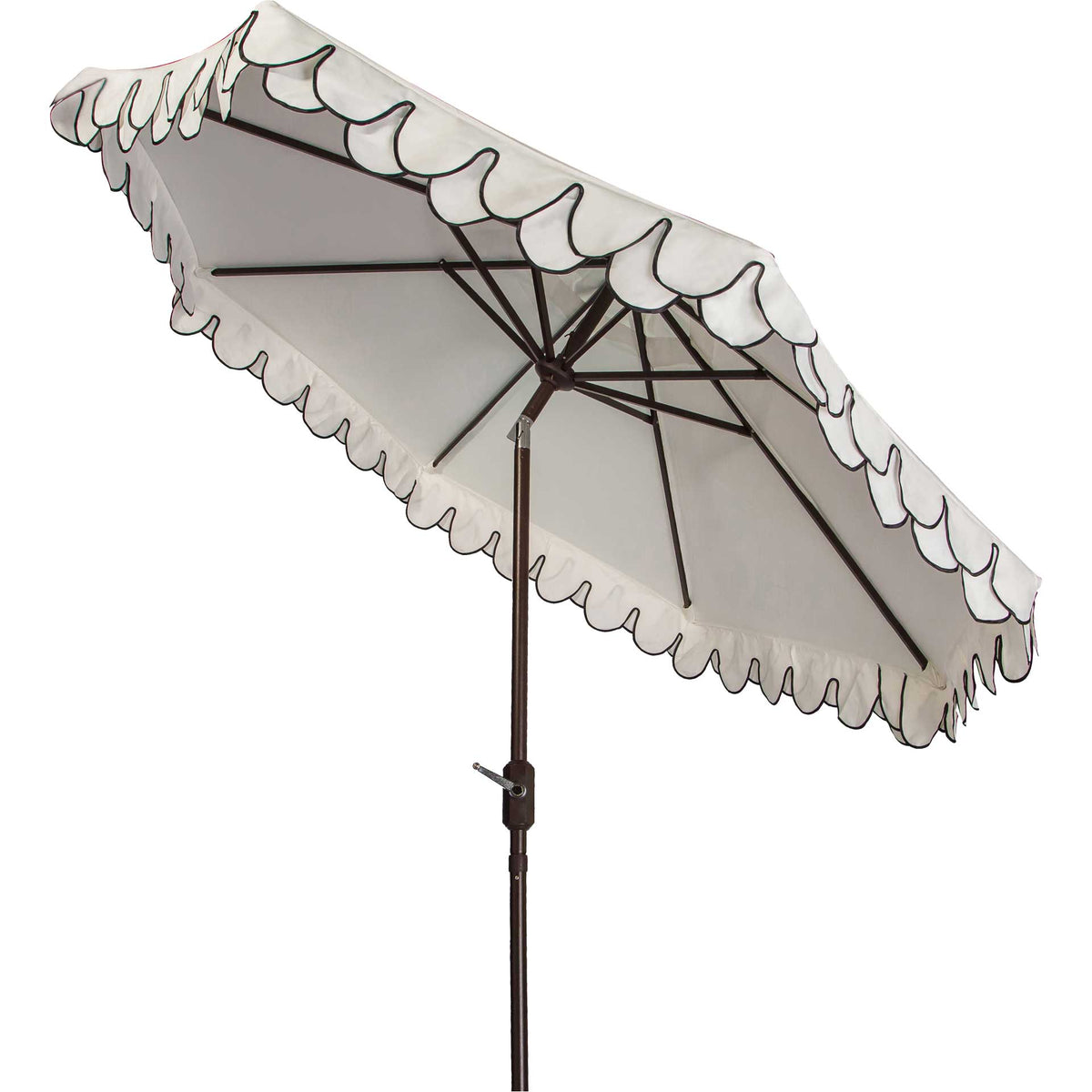 An ivory canopy tilts above dark metal ribs, finished with black-edged petal scallops. || PAT8006E || side_converted_studio