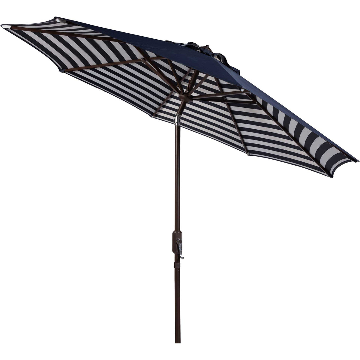 A tilted navy canopy reveals clean navy-and-white stripes beneath its brown metal ribs. || PAT8007A || side_converted_studio