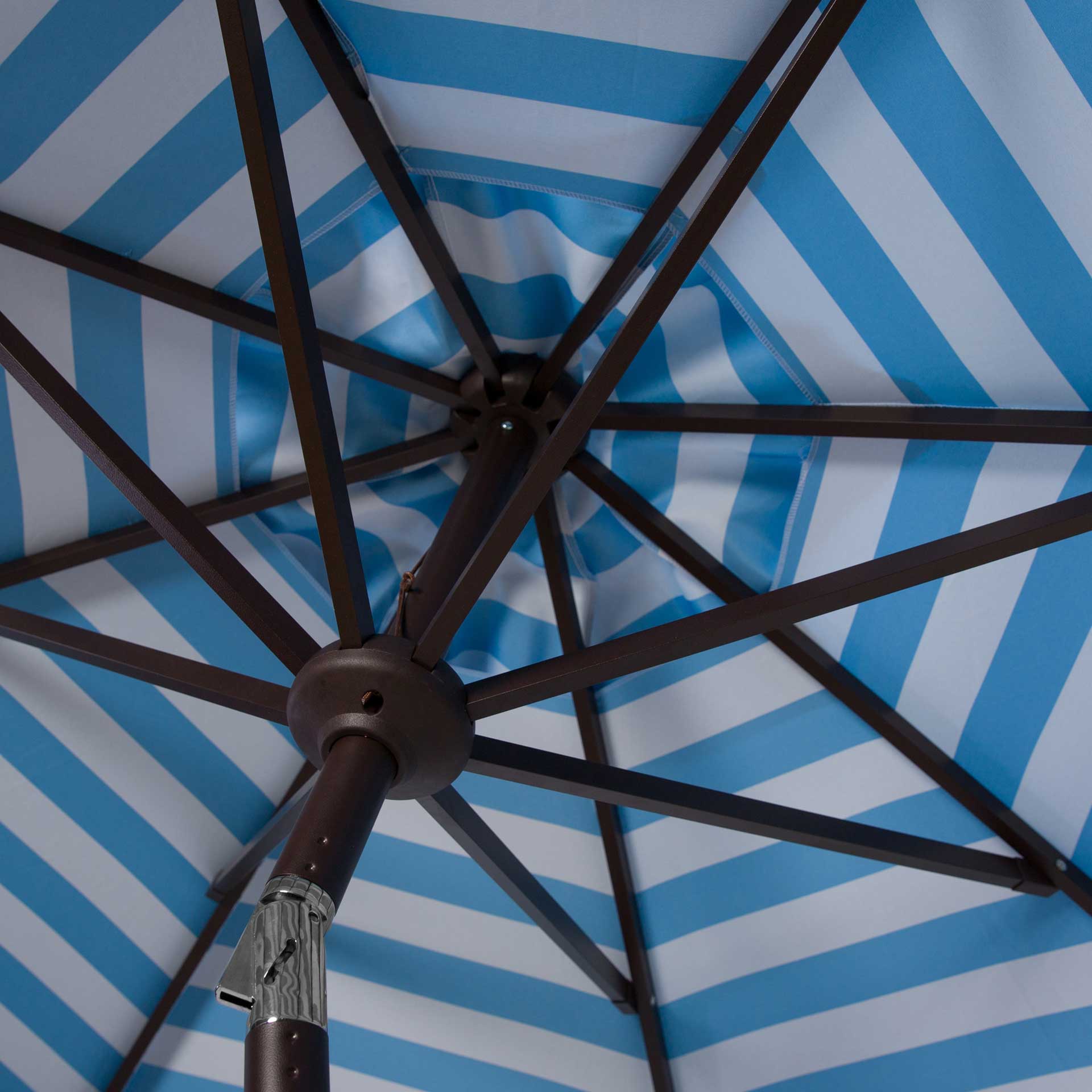 blue striped patio umbrella with lights Safavieh Athens Inside Out Striped 9Ft Crank Outdoor Auto Tilt Umbrella
