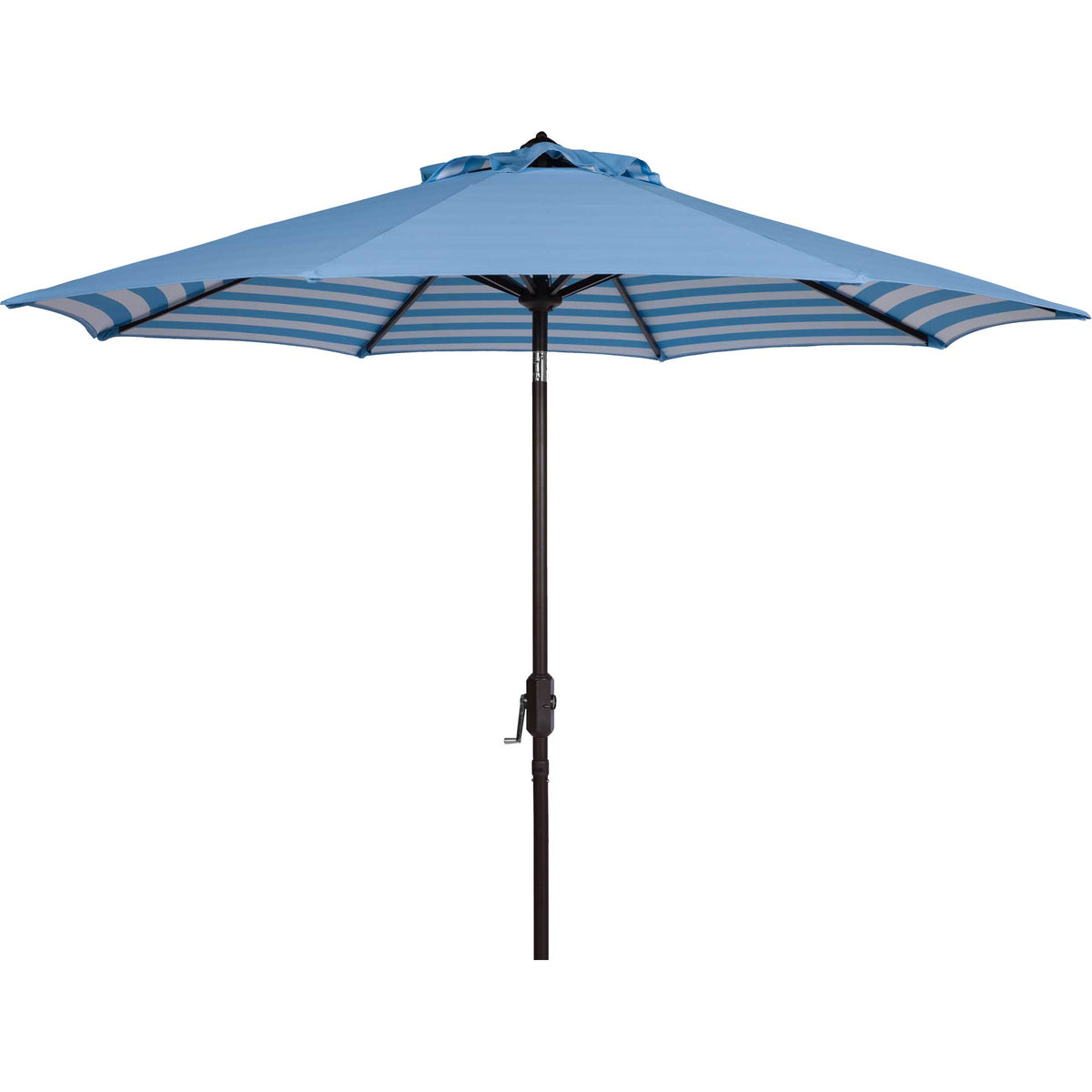 A light blue patio umbrella features a broad canopy and a sleek brown hand-crank pole. || PAT8007C || front_open_studio