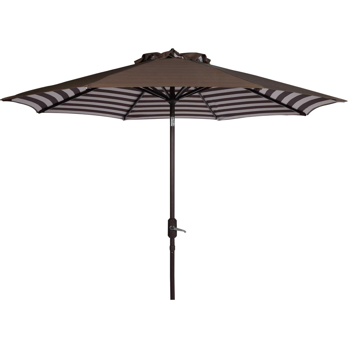 A rich brown nine-foot umbrella pairs a smooth canopy with a crank-operated pole. || PAT8007D || front_open_studio