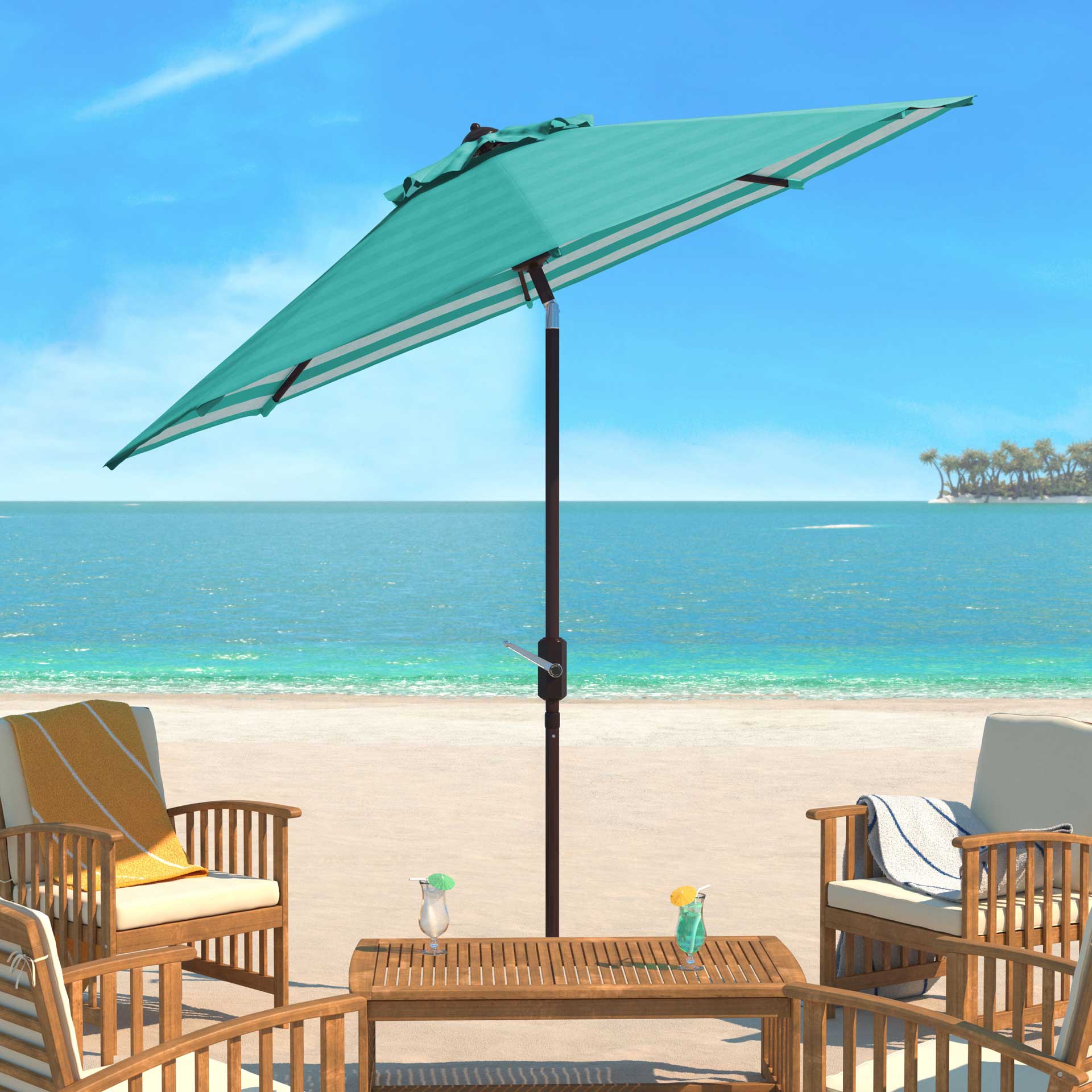 dark green patio umbrella Safavieh 9 ft. Athens Inside Out Striped Crank Outdoor Auto Tilt Umbrella, Green
