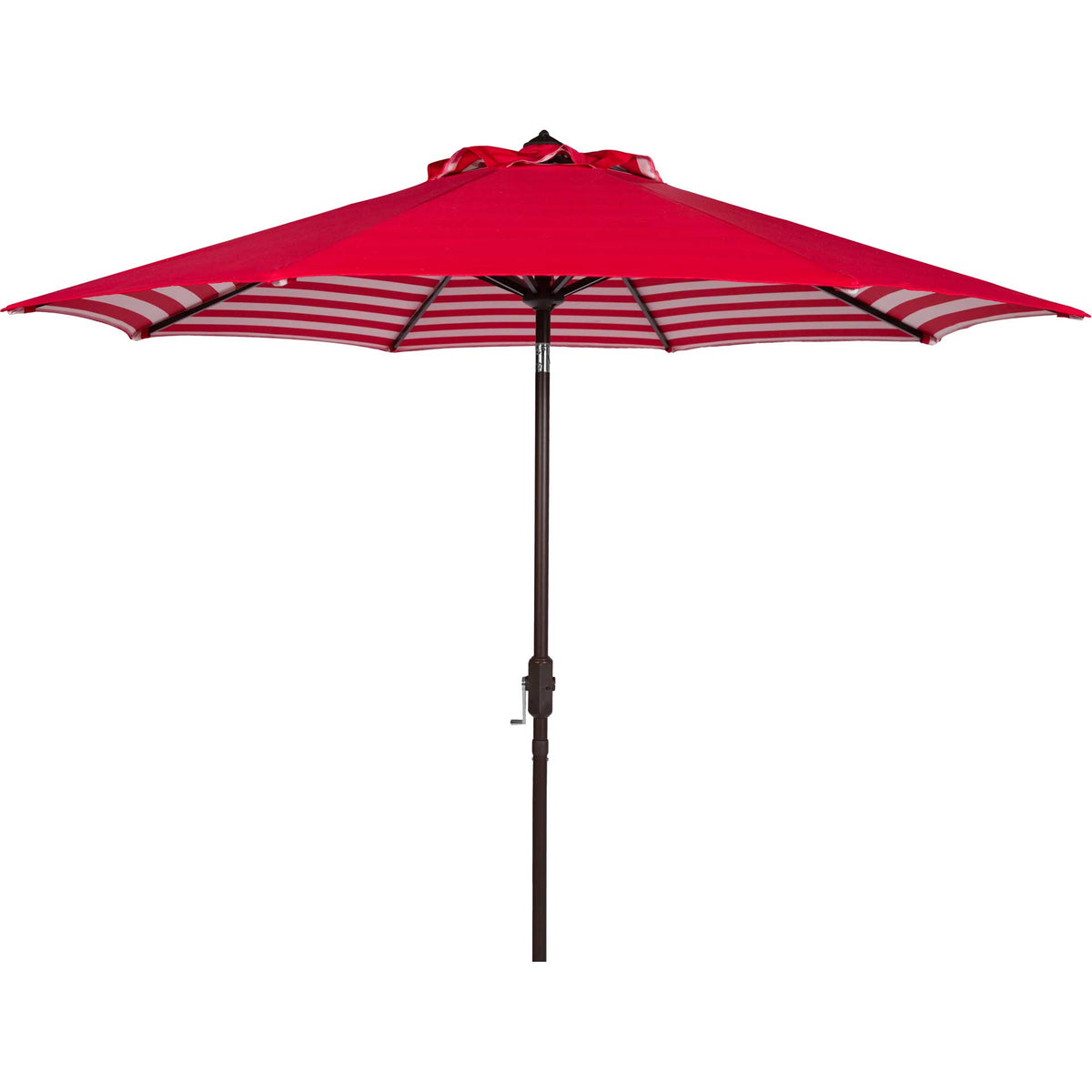 A bold red patio umbrella pairs a wide canopy with a slim brown hand-crank pole. || PAT8007F || front_open_studio