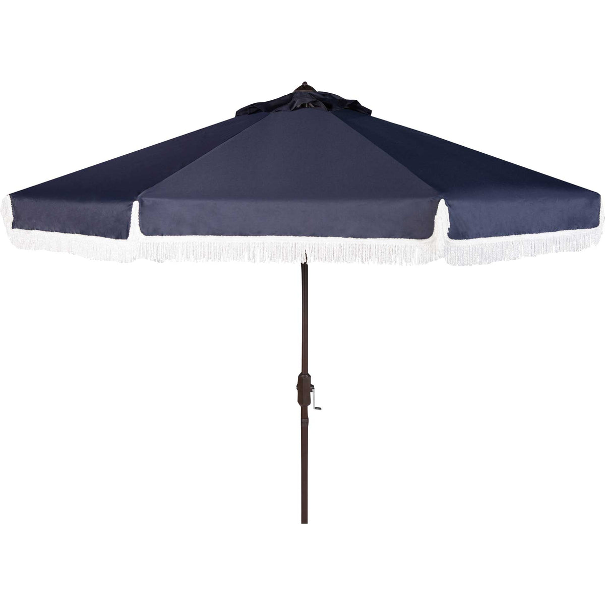 Wide navy umbrella fabric meets white fringe above a brown pole with a hand crank. || PAT8008A || front_studio