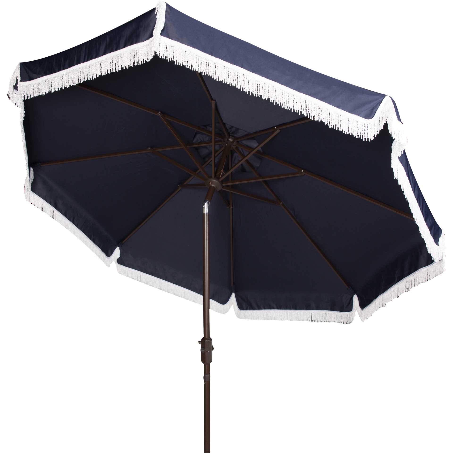 blue and white outdoor patio umbrella Safavieh Milan Fringe 9 ft Crank Navy/ White Outdoor Umbrella