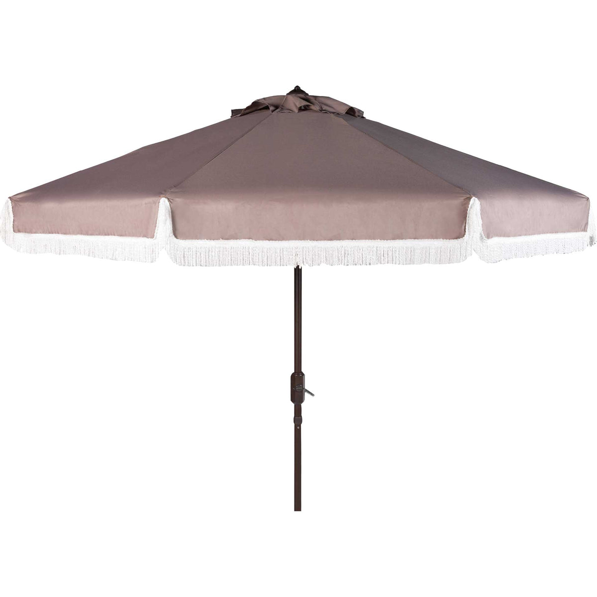 A broad gray umbrella canopy pairs white fringe with a brown pole and hand crank. || PAT8008B || front_studio