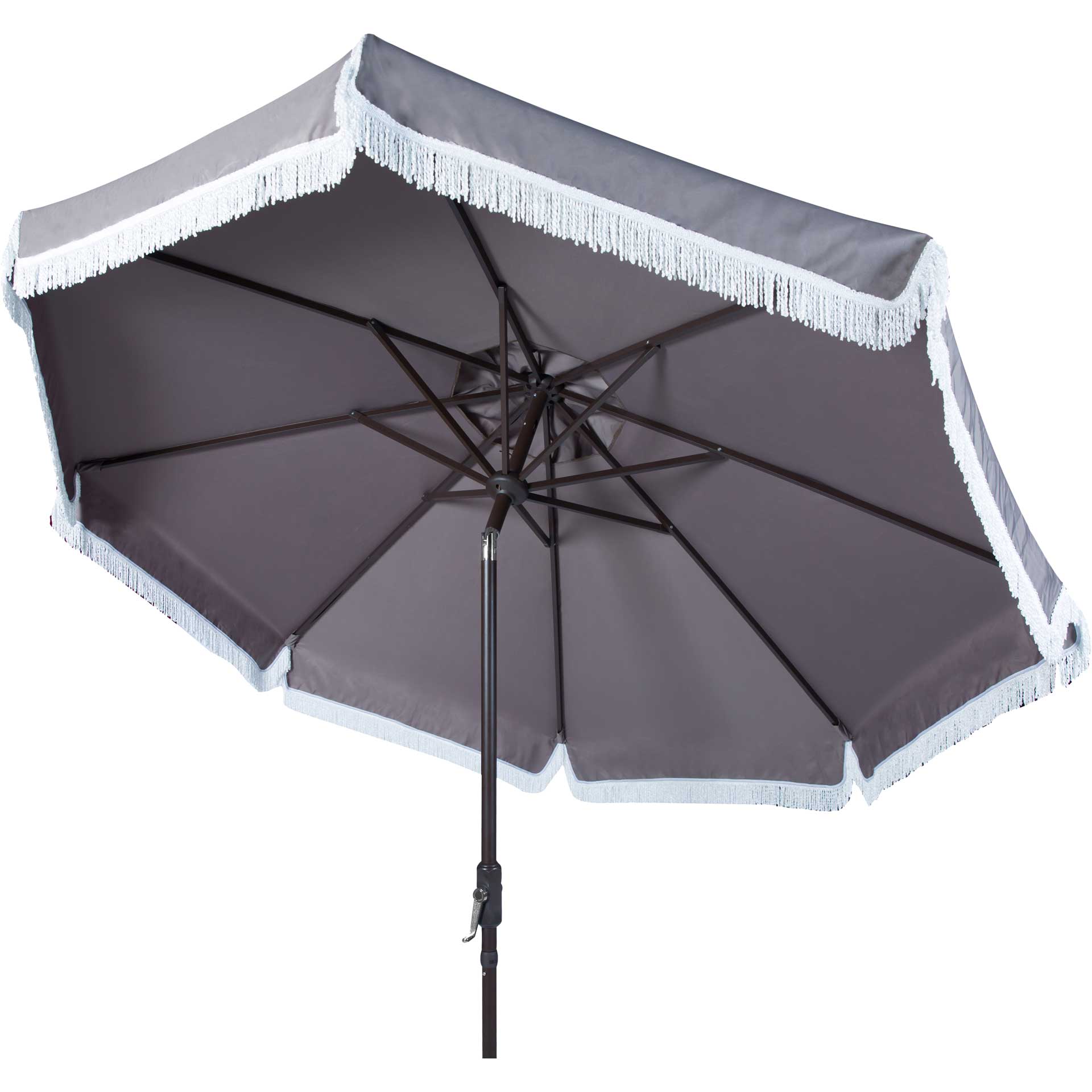 grey and white patio umbrella Safavieh PAT8008B 9 ft. Milan Fringe Crank Outdoor Push Button Tilt Umbrella Grey & White