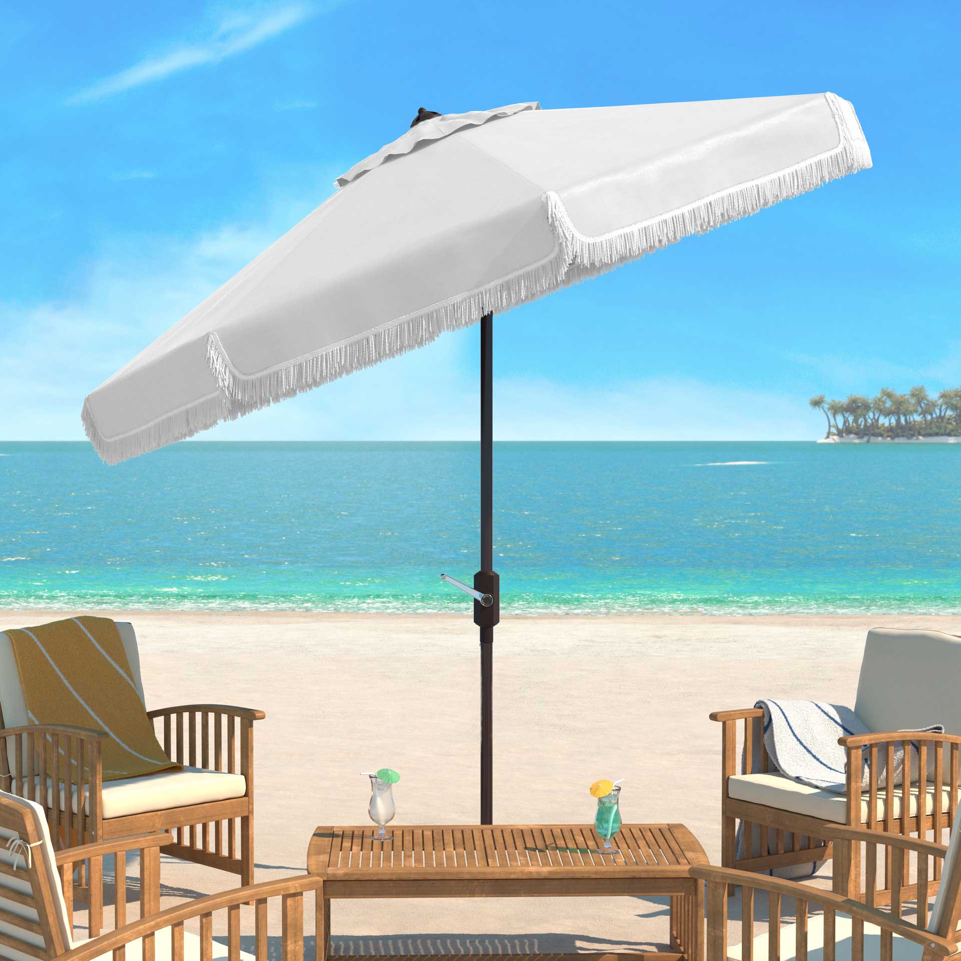 cheap white patio umbrella Safavieh Milan Fringe 9Ft Crank Outdoor Push Button Tilt Umbrella