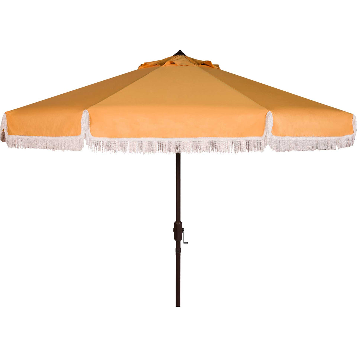 Sunny yellow fabric and white fringe form a wide canopy above a brown hand-crank pole. || PAT8008D || front_studio