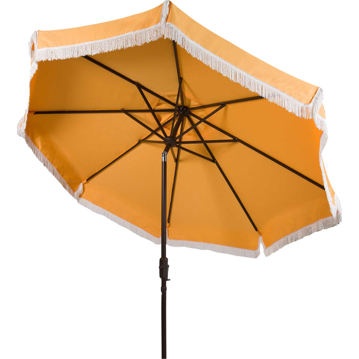 Golden yellow canopy panels are edged with white fringe and supported by brown ribs. || PAT8008D || side_studio