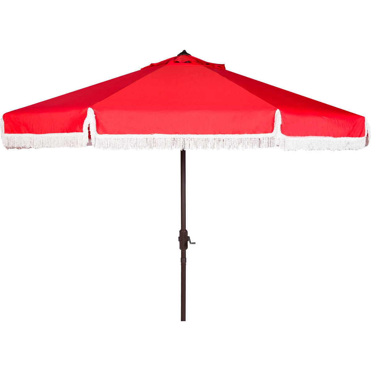 A bright red umbrella canopy with white fringed trim sits on a brown crank-operated pole. || PAT8008E || front_studio