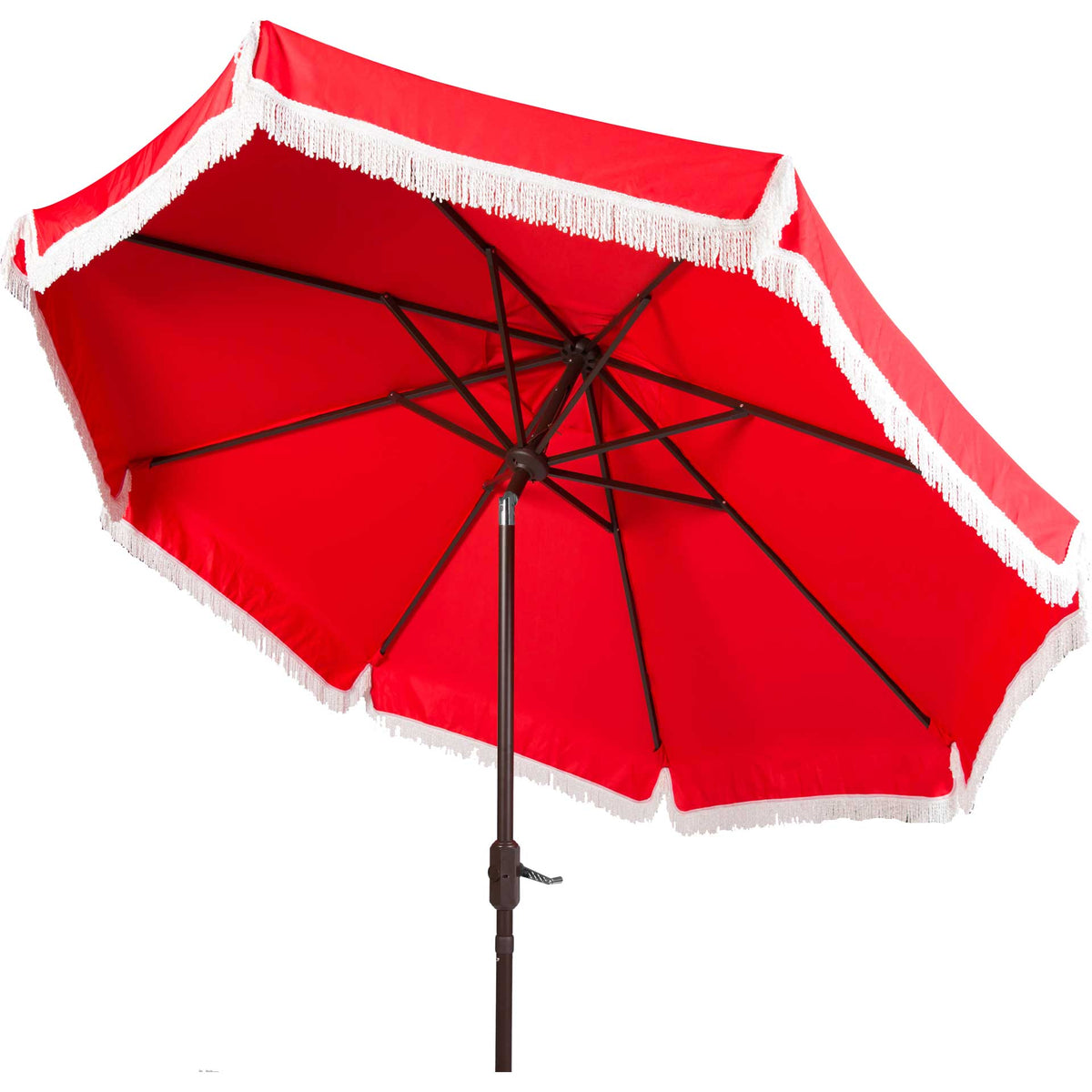 Bold red fabric and white fringe frame the brown ribs beneath this open patio umbrella. || PAT8008E || side_studio