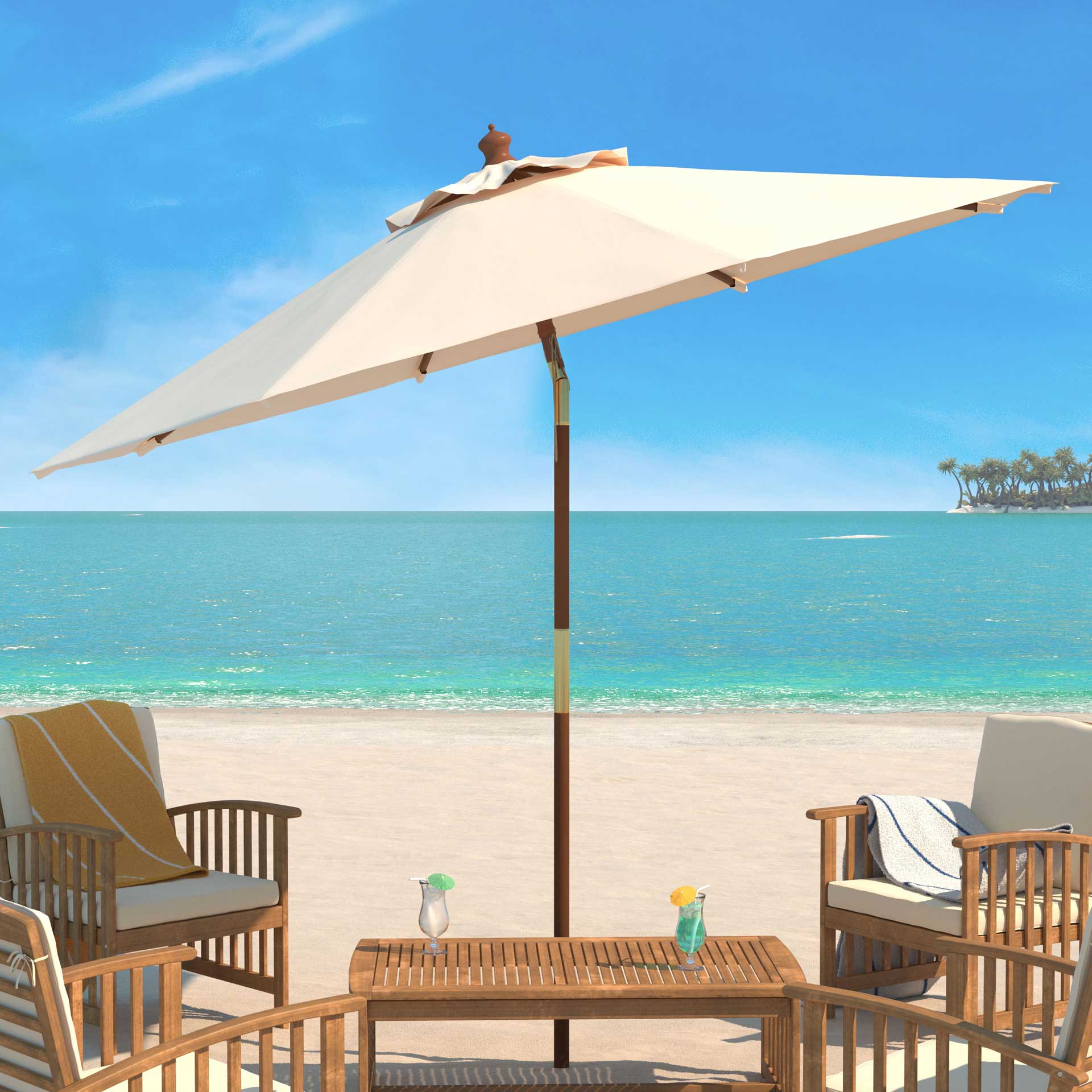 beige patio umbrellas Safavieh Bethany 9Ft Wooden Umbrella
