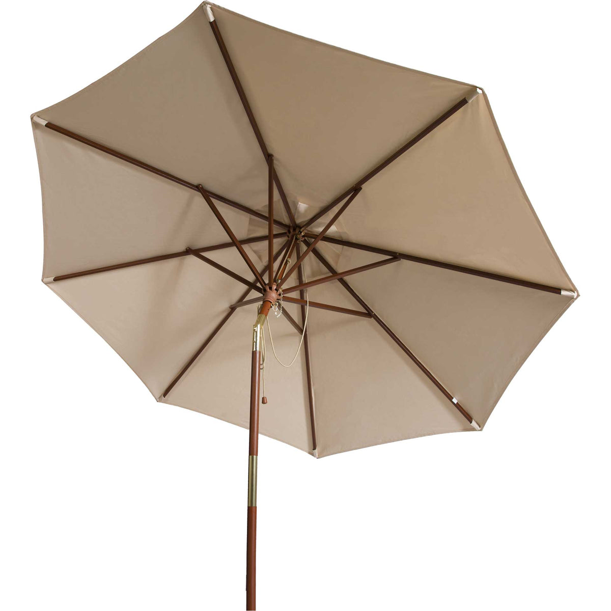 A beige fabric canopy rests on radiating wooden ribs above a slender wood pole || PAT8009A || detail_studio