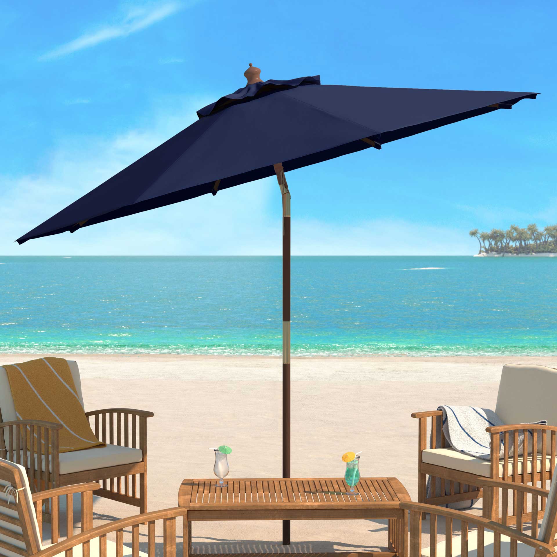 caribbean blue patio umbrella Cannes 9' Wooden Outdoor Umbrella - Navy