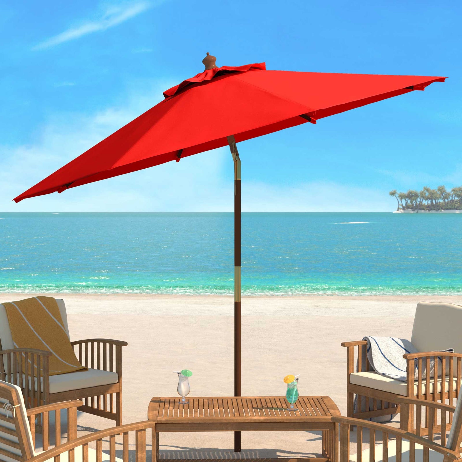 Calico Wooden Outdoor Umbrella Red