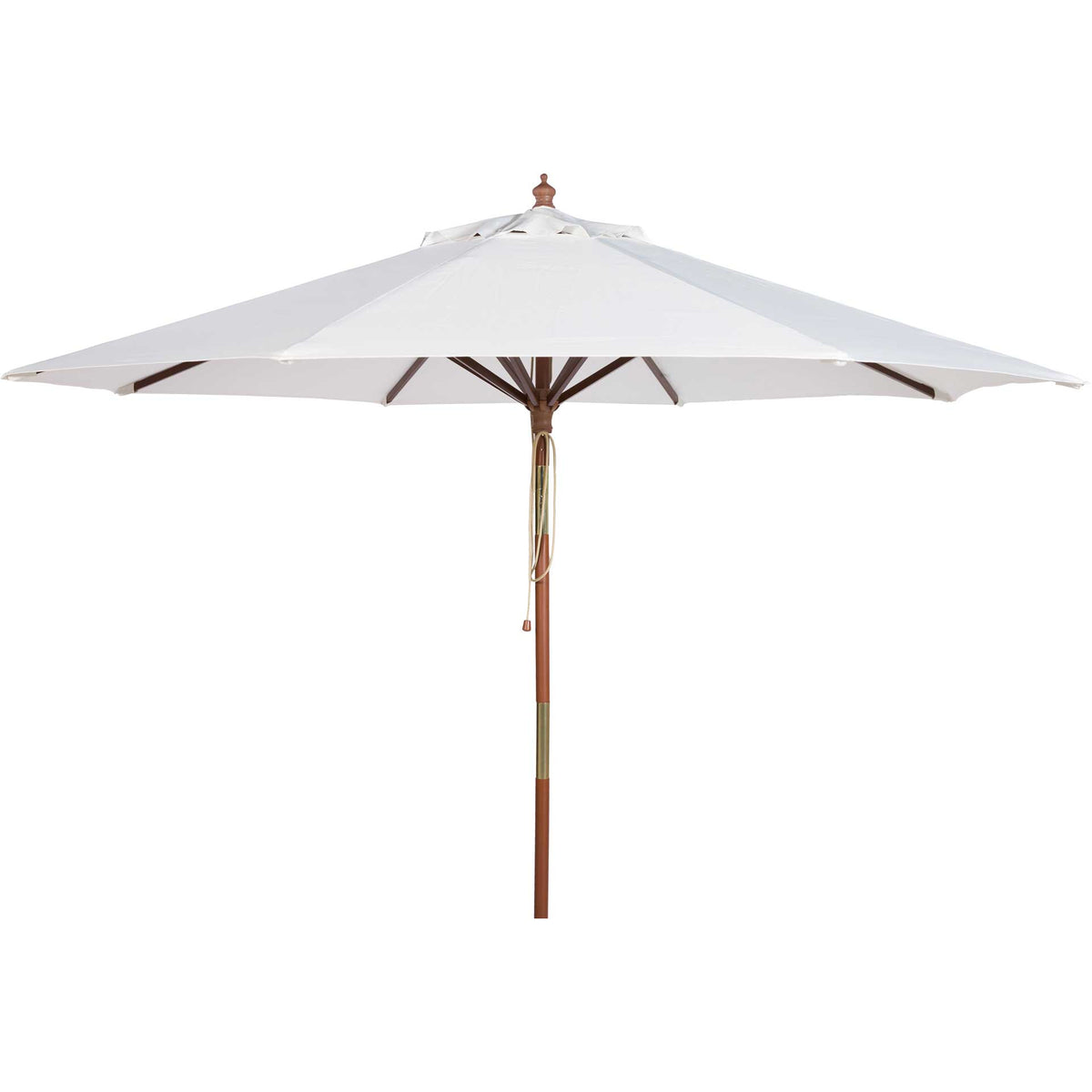 An ivory canopy extends wide over a natural wood pole for breezy outdoor shade || PAT8009E || front_open_studio