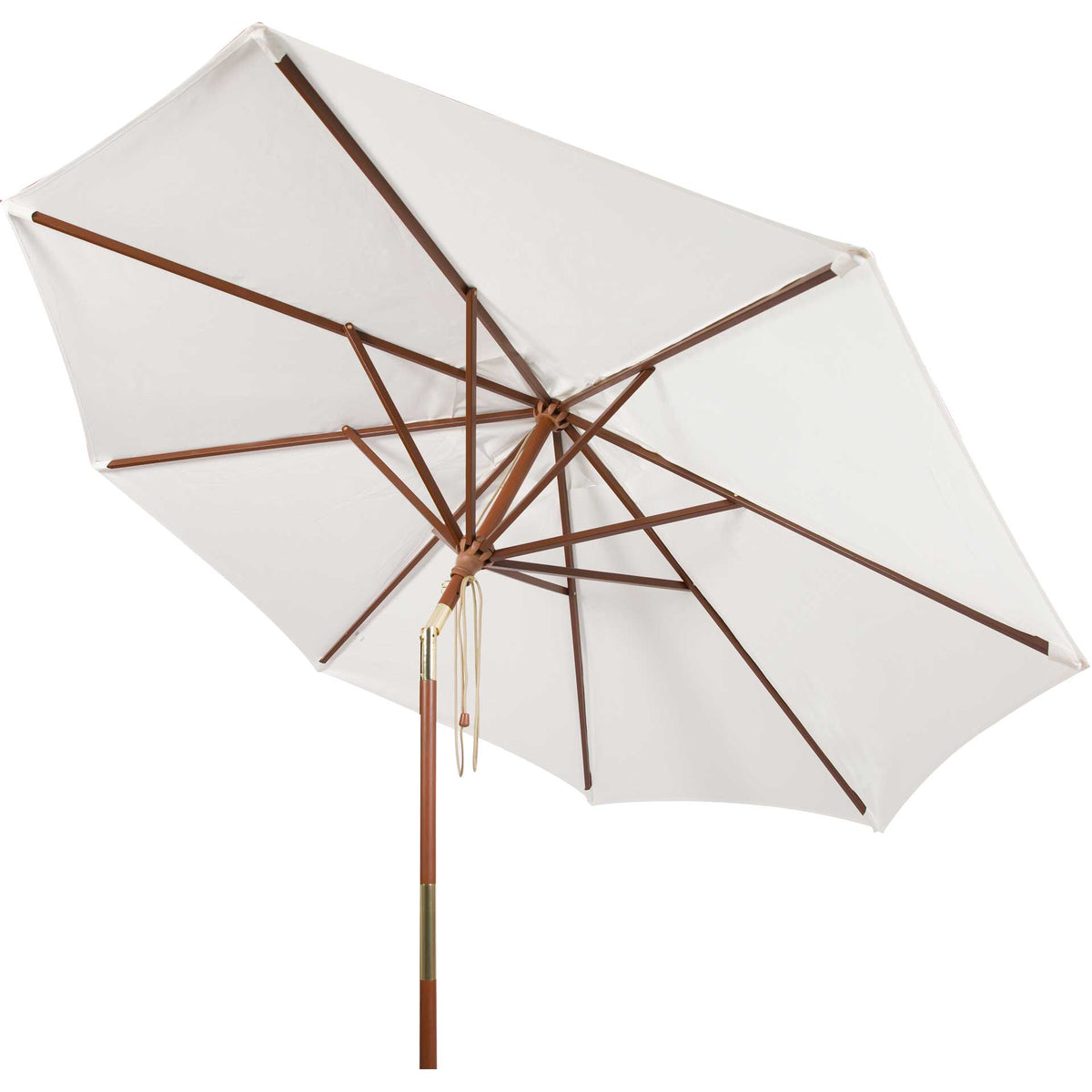 A light ivory canopy opens above wooden spokes and a natural wood pole || PAT8009E || side_open_studio