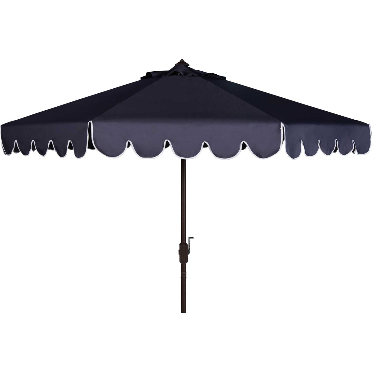 Deep navy patio umbrella pairs white scalloped trim with a slim brown crank pole || PAT8010A || front_studio
