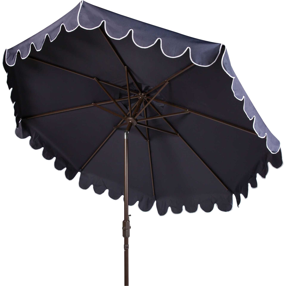 Navy scalloped canopy reveals sturdy brown metal ribs and crisp white edging || PAT8010A || side_studio