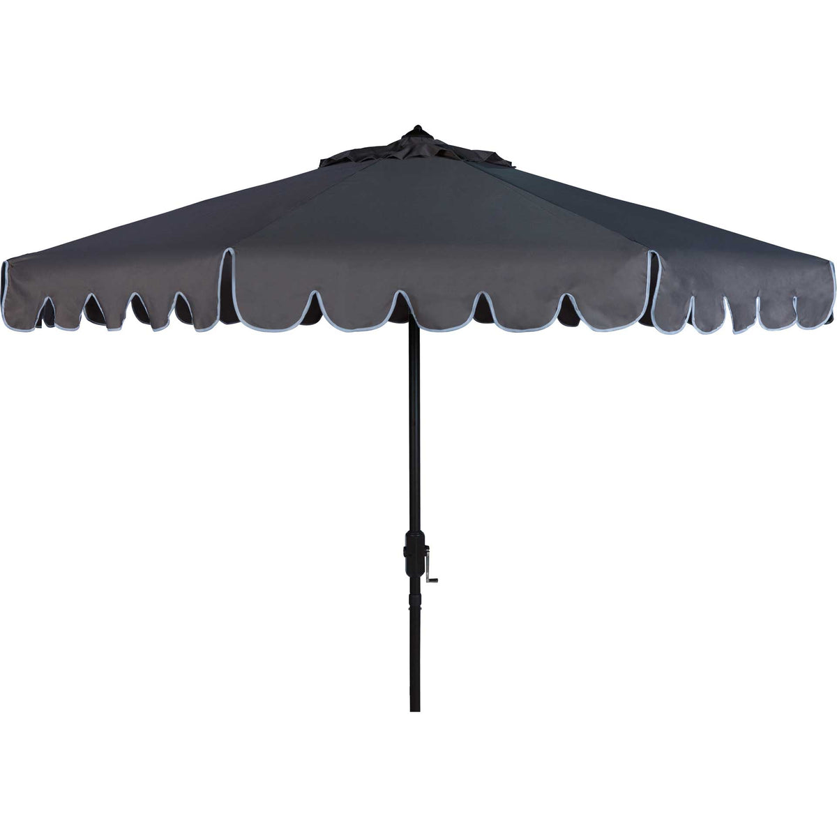 Taupe patio umbrella pairs a scalloped canopy with crisp white trim and a brown crank pole || PAT8010B || front_studio
