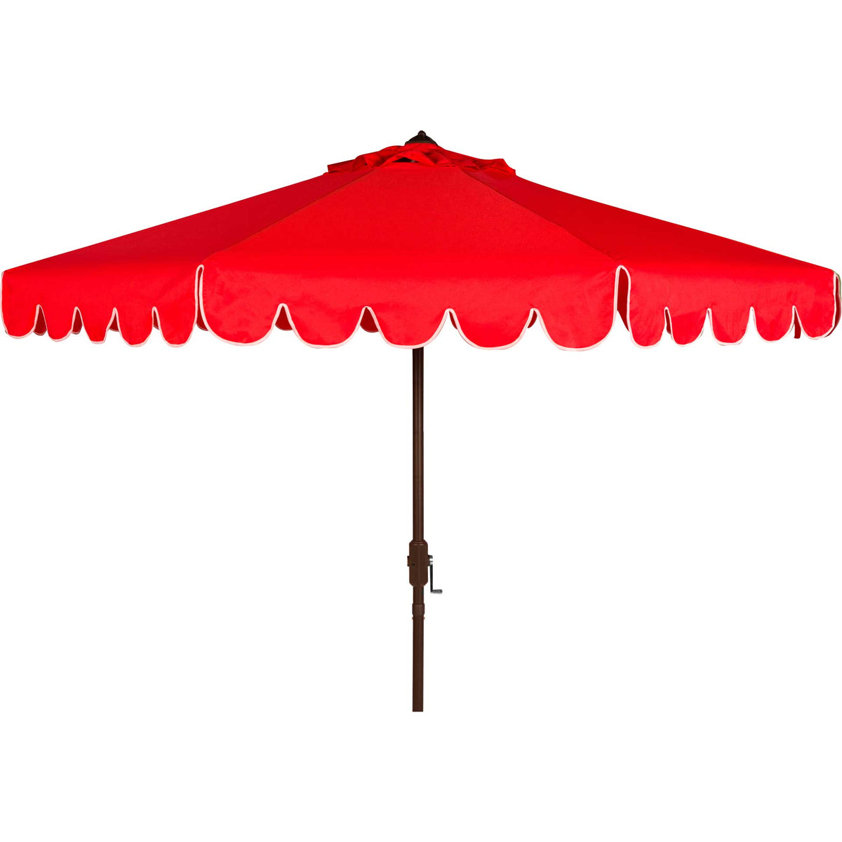 Red outdoor umbrella features a scalloped canopy with white piping and a brown crank pole || PAT8010C || front_studio