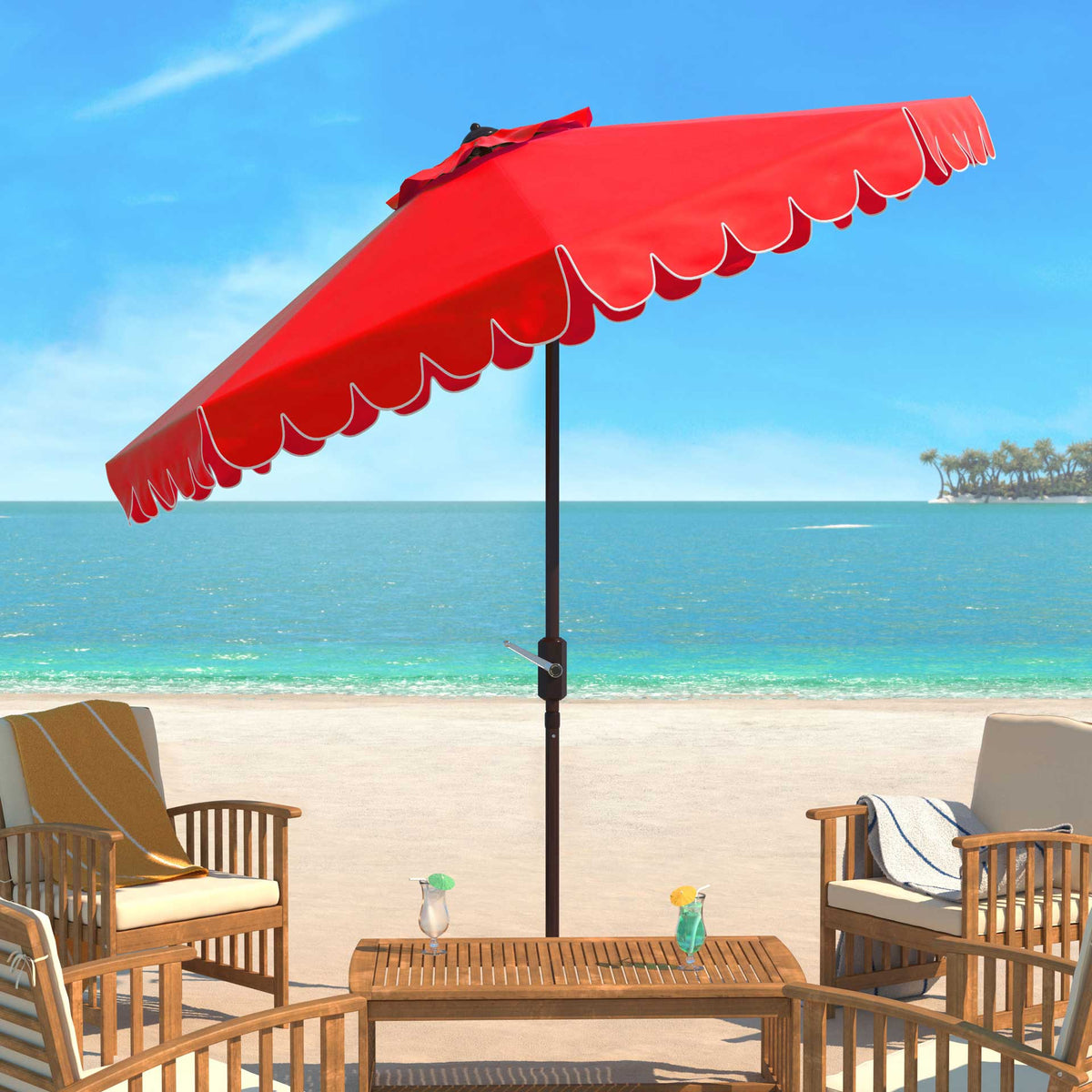 Vibrant red scalloped canopy shades a seaside patio with a fresh white-trimmed edge