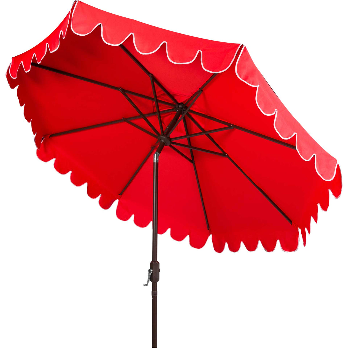 Bright red canopy frames sturdy brown ribs with a white-trimmed scalloped hem || PAT8010C || side_studio