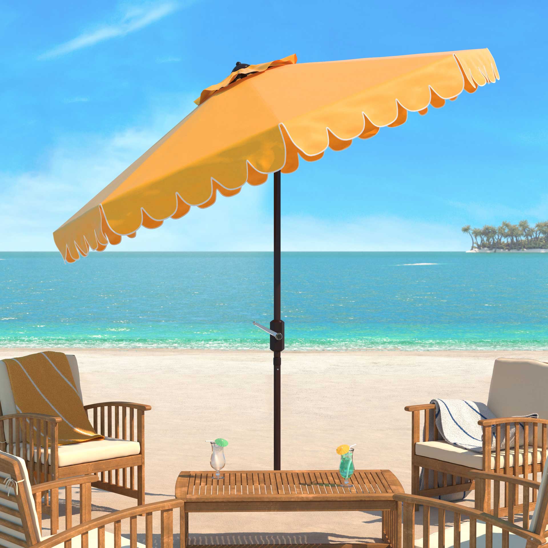 beach v patio umbrella Venice Single Scallop 9' Crank Outdoor Push Button Tilt Umbrella - Yellow/White