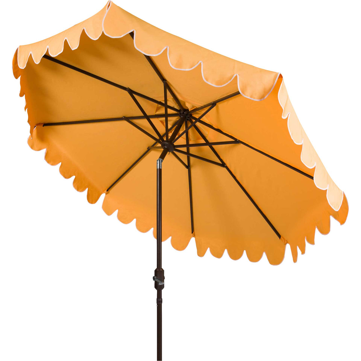 Golden yellow canopy has white-edged scallops above a sturdy brown metal rib frame || PAT8010D || side_studio