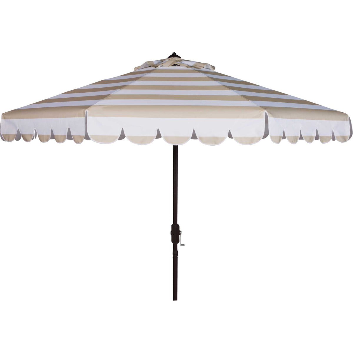 Beige and white striped umbrella features a scalloped canopy and brown crank pole || PAT8011A || front_open_studio