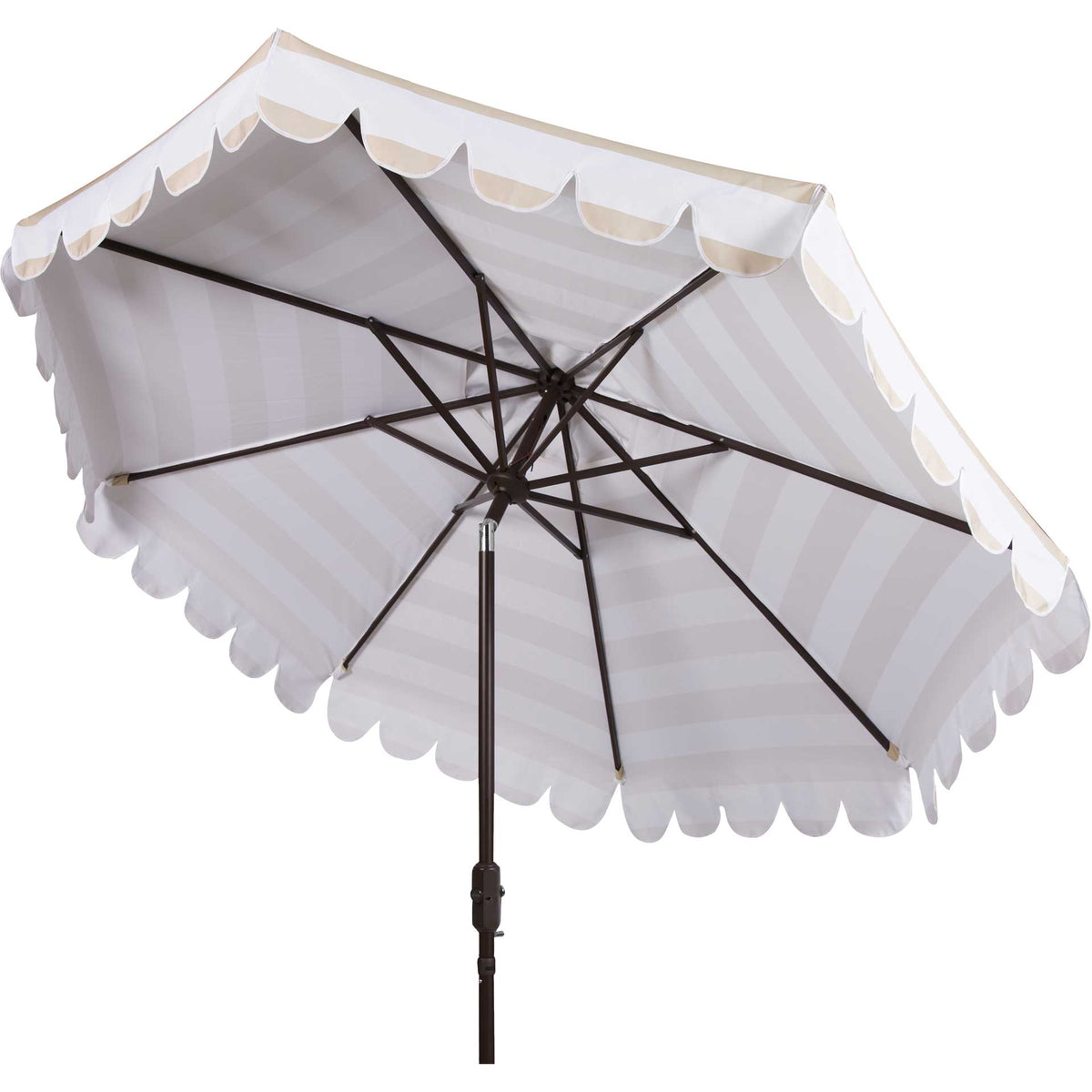 A tilted beige and white striped canopy shows sturdy ribs and scalloped trim || PAT8011A || side_converted_studio