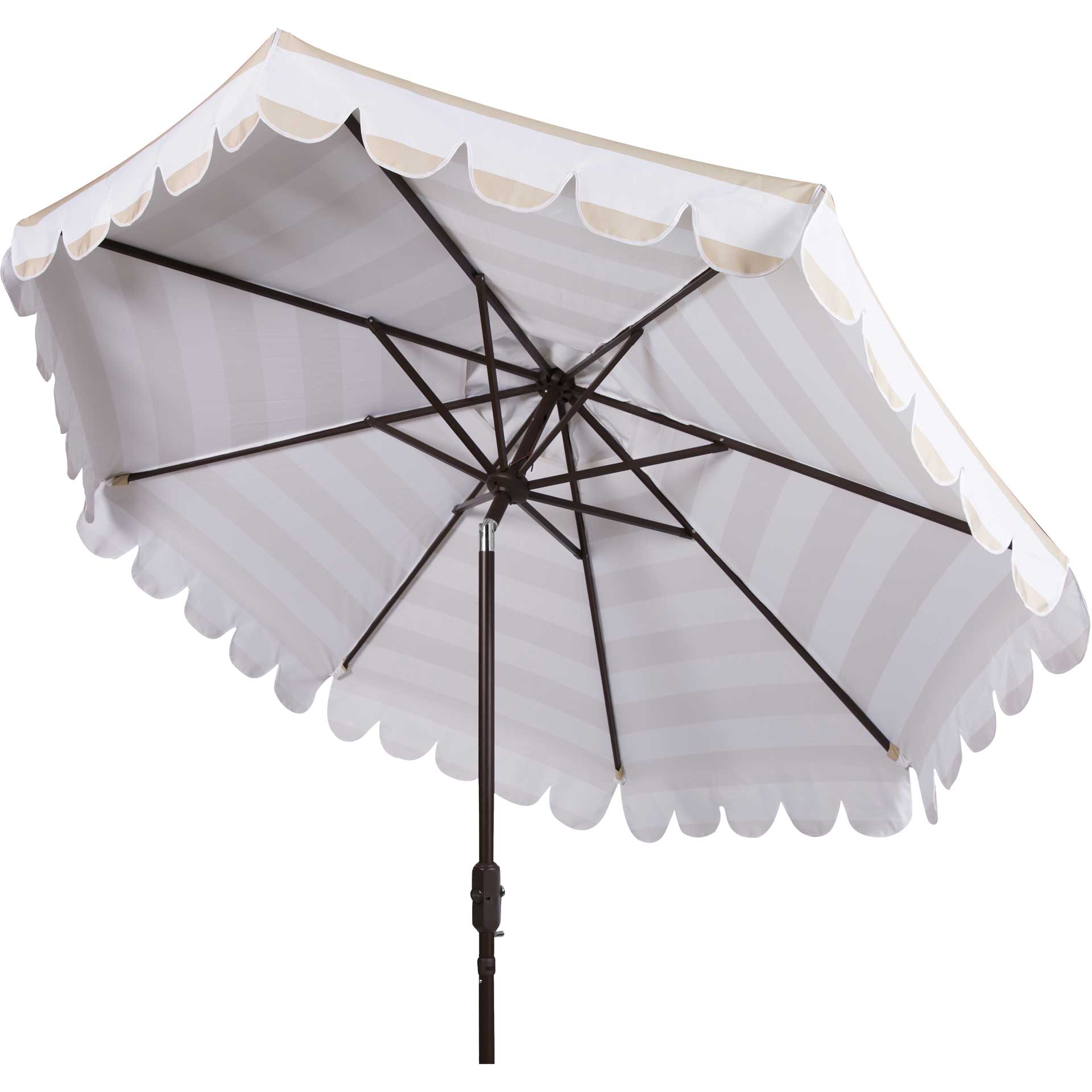 beige patio umbrella with white fringe Maui Single Scallop Striped 9' Crank Auto Tilt Umbrella - Beige/White