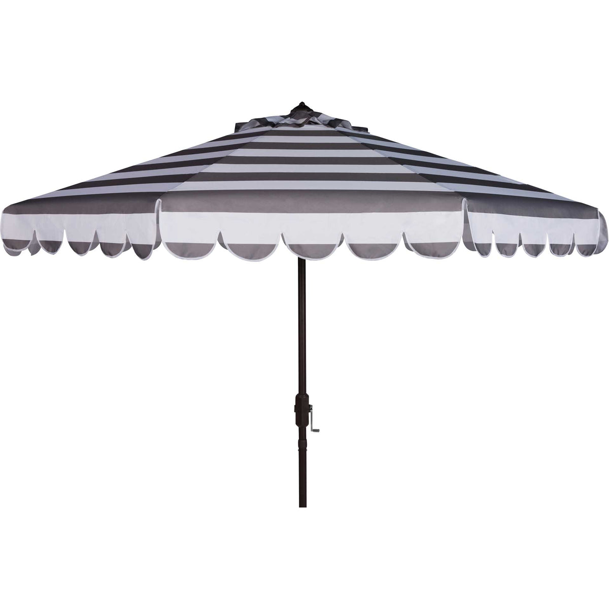 Gray and white striped umbrella pairs a scalloped canopy with a brown crank pole || PAT8011B || front_open_studio