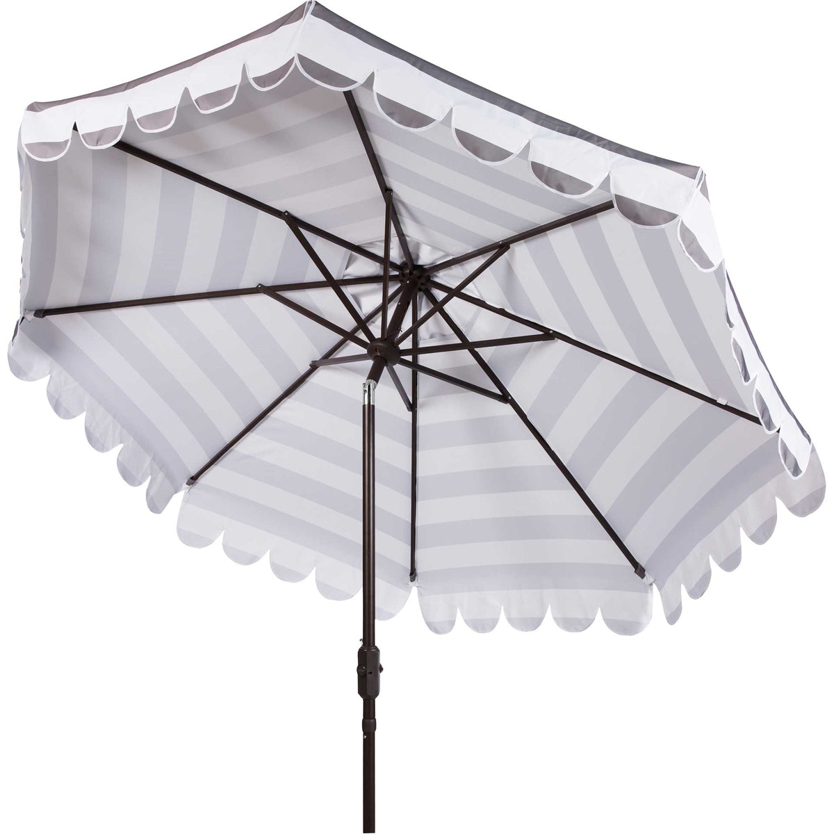 An angled gray and white canopy shows metal ribs and a scalloped fabric border || PAT8011B || side_converted_studio