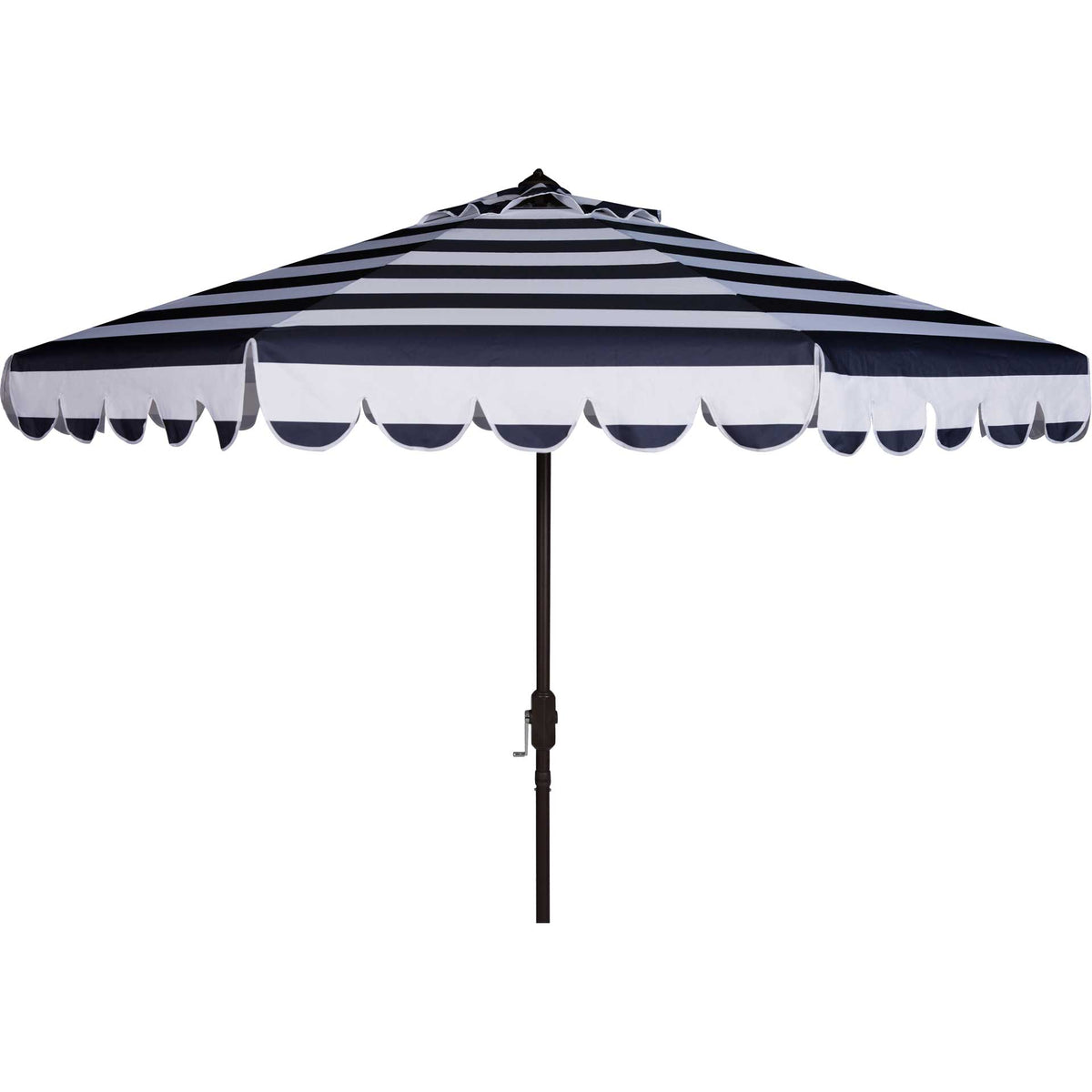 Navy and white striped umbrella features a scalloped canopy and brown crank pole || PAT8011C || front_open_studio