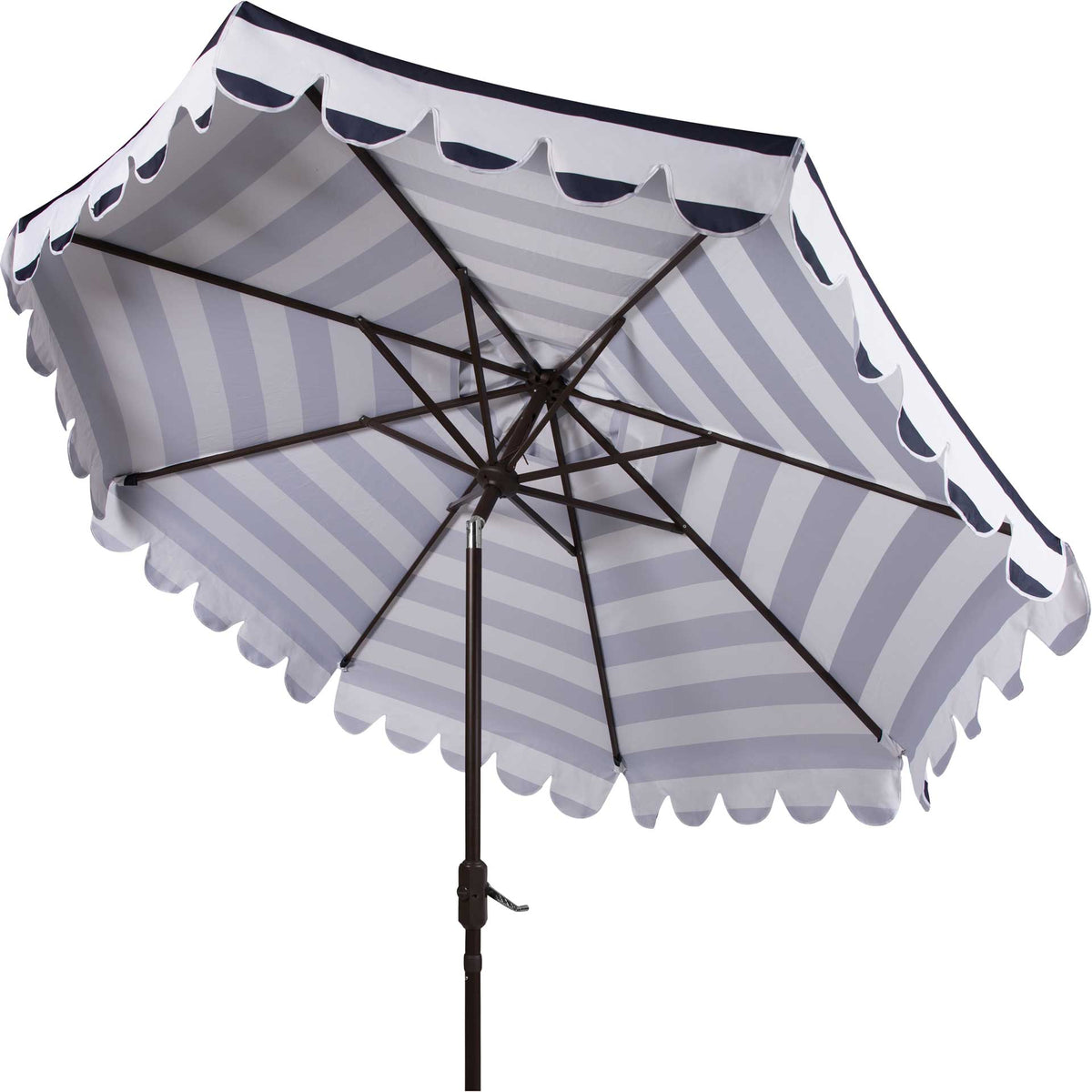 A tilted navy and white striped canopy shows sturdy ribs and scalloped fabric trim || PAT8011C || side_converted_studio
