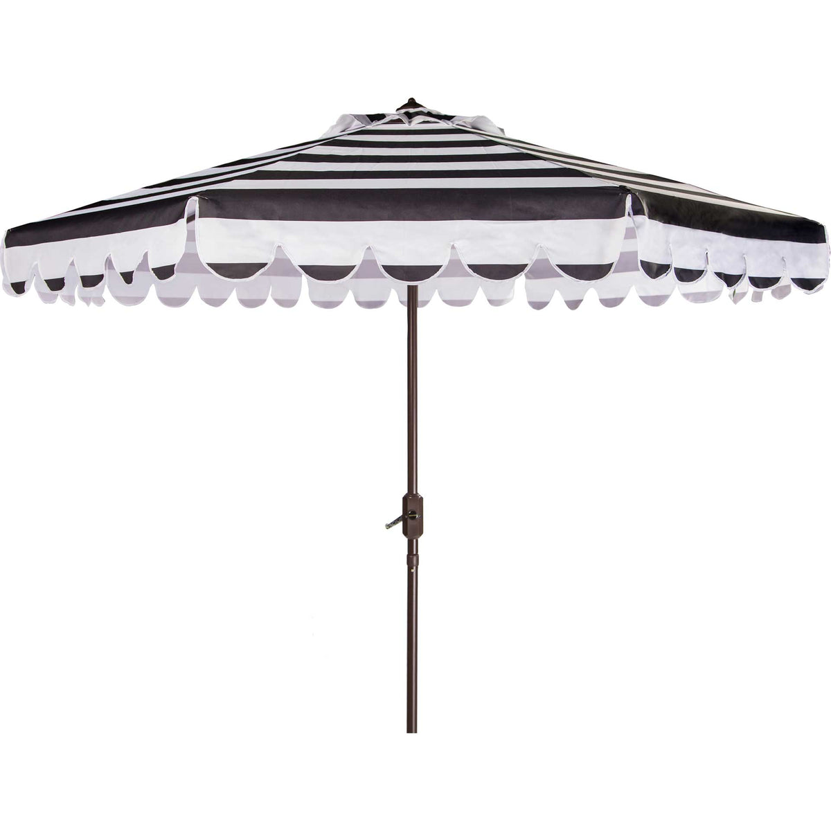 Black and white striped umbrella features a scalloped canopy and brown crank pole || PAT8011D || front_open_studio