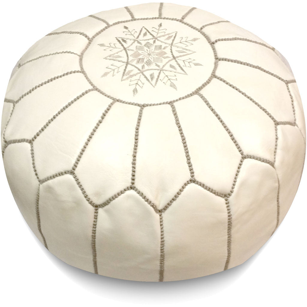 White Moroccan Pouf Gray Stitching