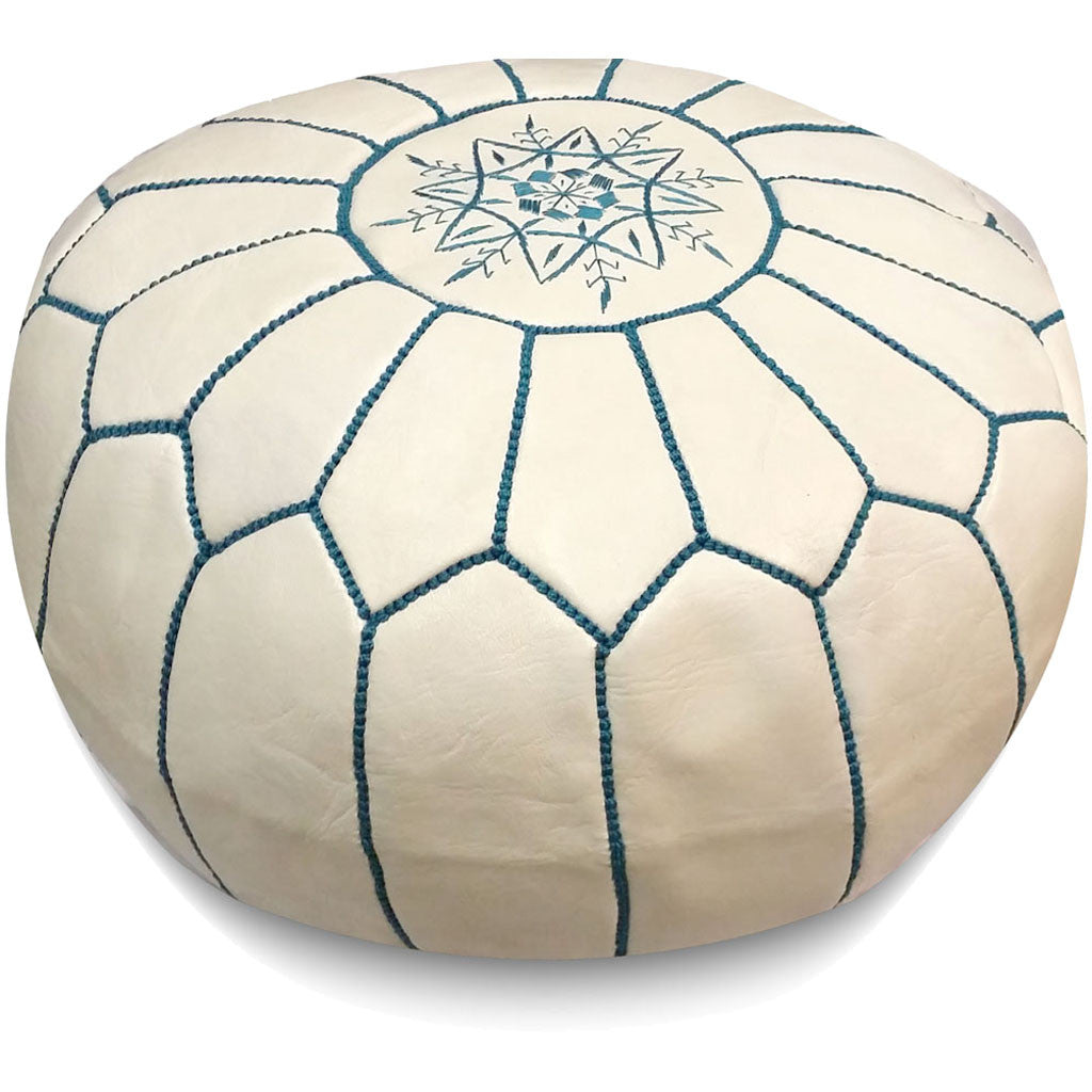 White Moroccan Pouf Blue Stitching